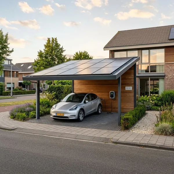 carport met zonnepanelen en laadpaal